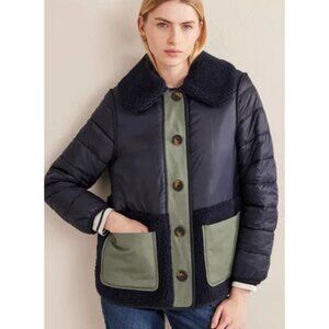 Boden Quilted Borg Jacket Barn Coat Pockets Sz 12 Navy Cozy Cabin Core GORP